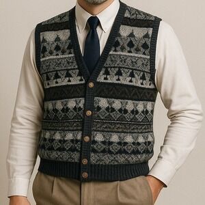 Michael Gerald Sweater Vest Aztec Geometric Knit Sleeveless‎ Large Academia